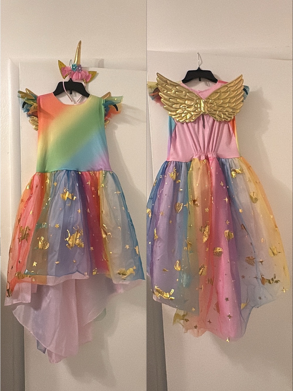 Rainbow unicorn dress w/ whimsical gold foil unicorn wings and headband L-10/12.